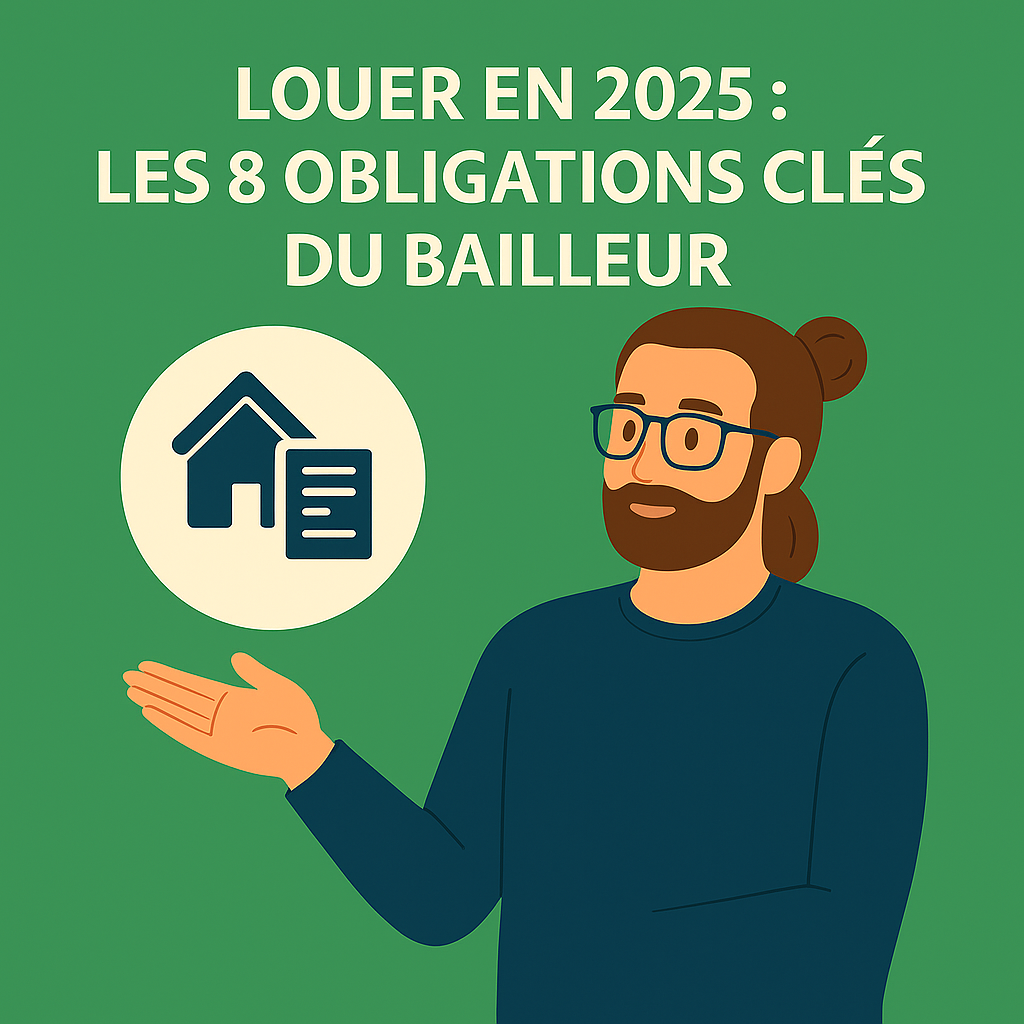Illustration carrée d’un conseiller immobilier expliquant les 8 obligations clés du bailleur en 2025, avec icône maison et contrat, sur fond vert.