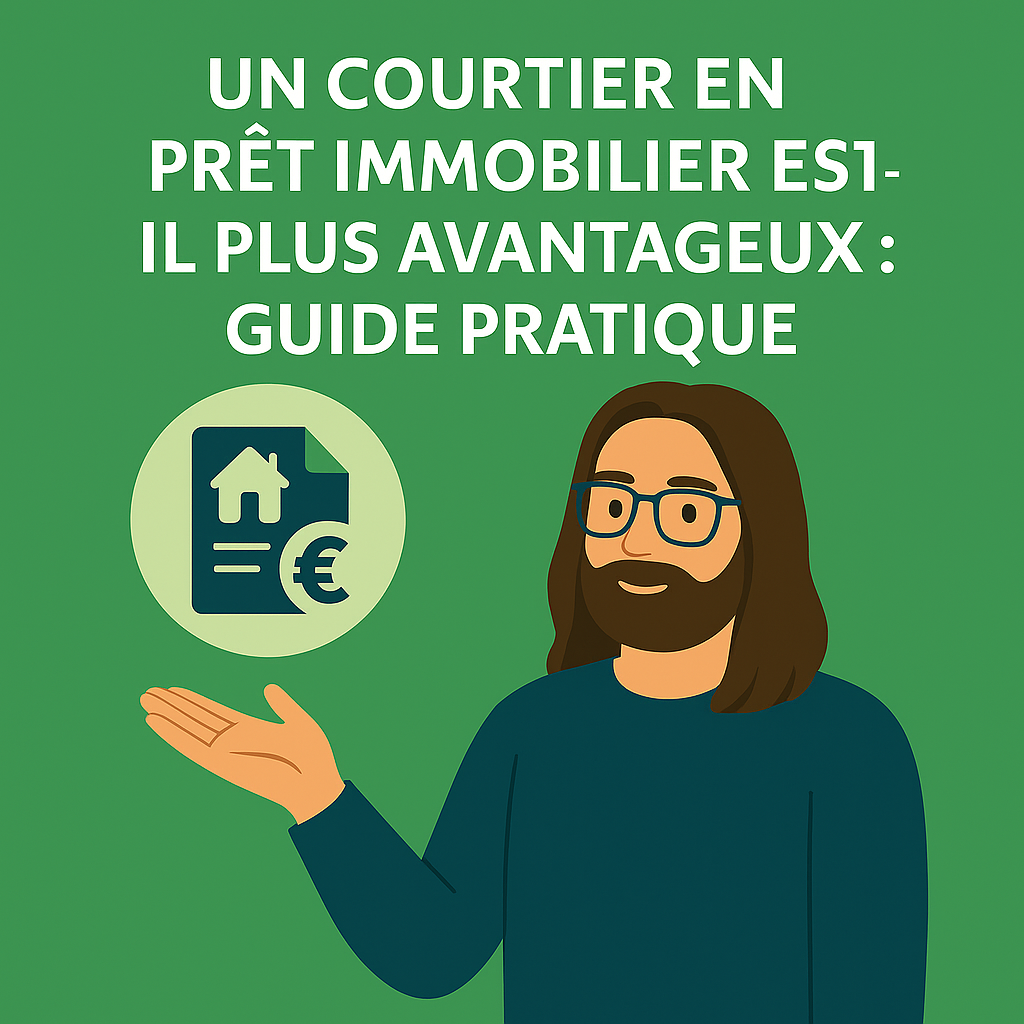 Illustration d’un conseiller immobilier expliquant les avantages de passer par un courtier en prêt immobilier, avec une icône contrat et symbole euro.