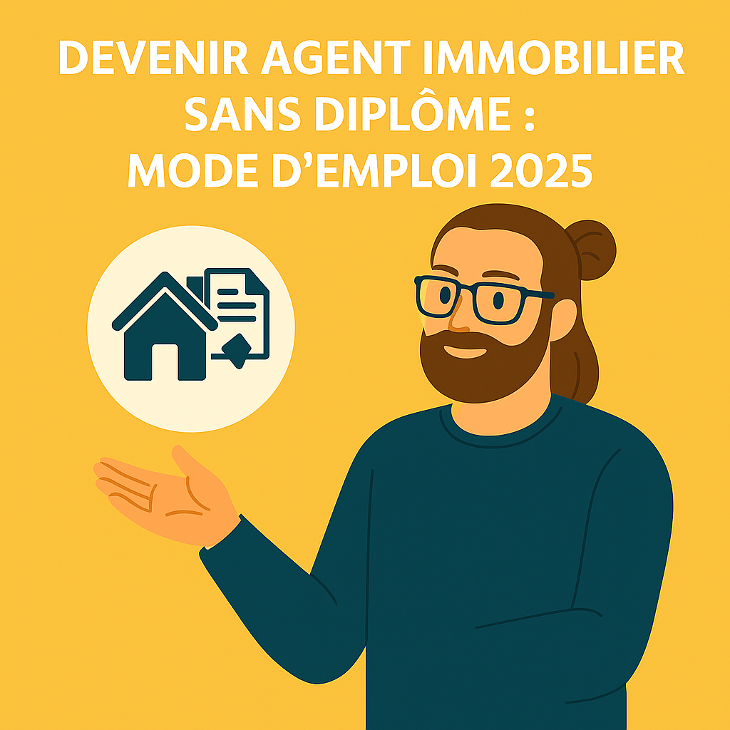 Illustration d’un conseiller immobilier en flat design expliquant comment devenir agent immobilier sans diplôme en 2025, avec icône maison et contrat.