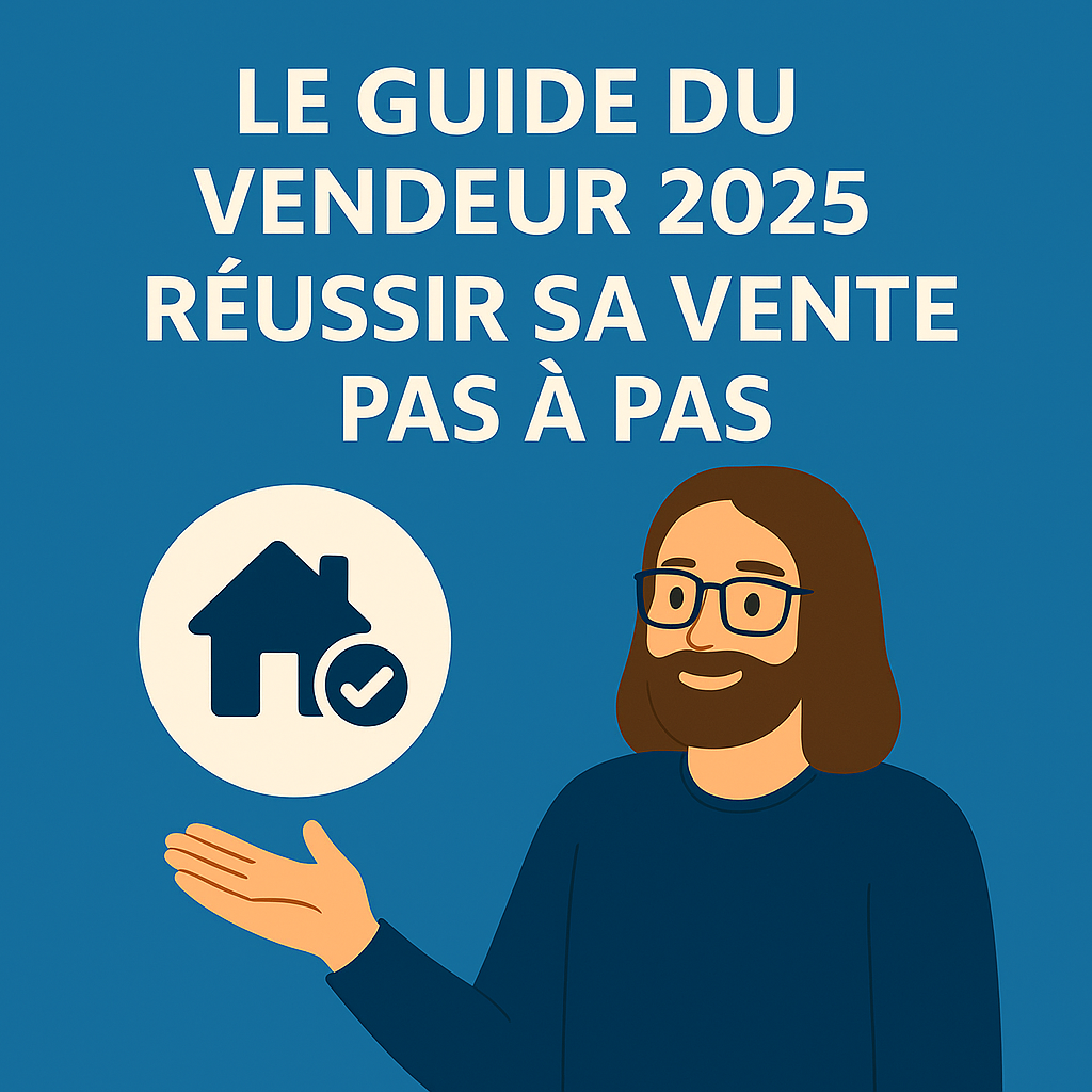 Illustration carrée d’un conseiller immobilier présentant le guide du vendeur 2025, avec icône maison et symbole check, sur fond bleu.