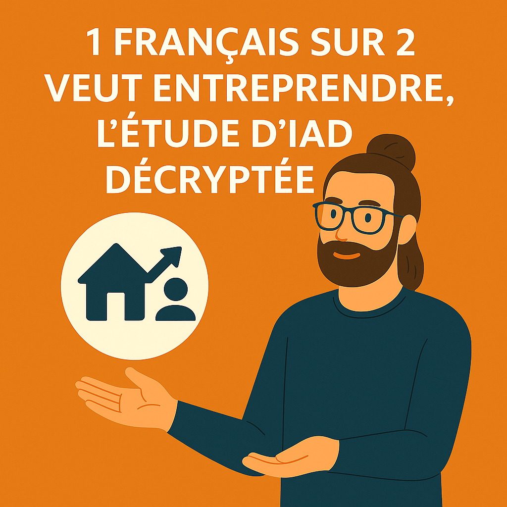Illustration carrée d’un conseiller présentant l’étude d’iad 2025 : « 1 Français sur 2 veut entreprendre », avec icône maison, silhouette et flèche montante, fond orange.