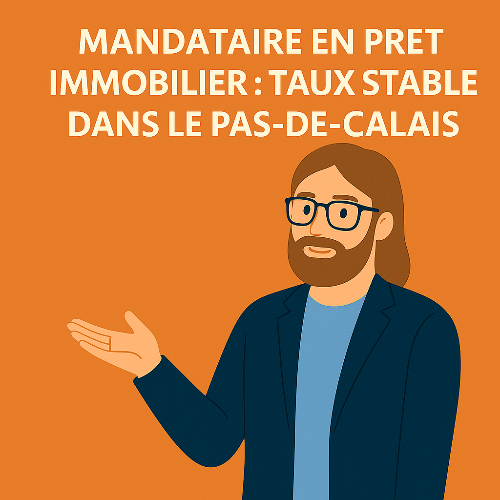 Illustration carrée d’un mandataire en pret immobilier dans le Pas-de-Calais, avec cheveux châtain clair, barbe, lunettes et fond orange, deux mains visibles.