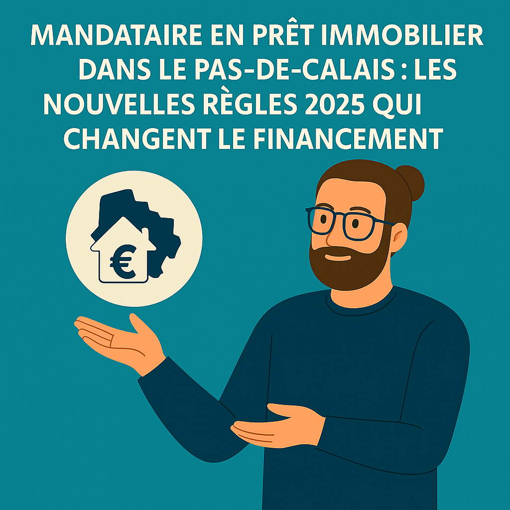 Illustration carrée d’un mandataire en prêt immobilier brun, barbu, cheveux attachés en chignon, présentant les nouvelles règles 2025 du financement dans le Pas-de-Calais, avec une icône maison + carte + euro sur fond bleu-vert.