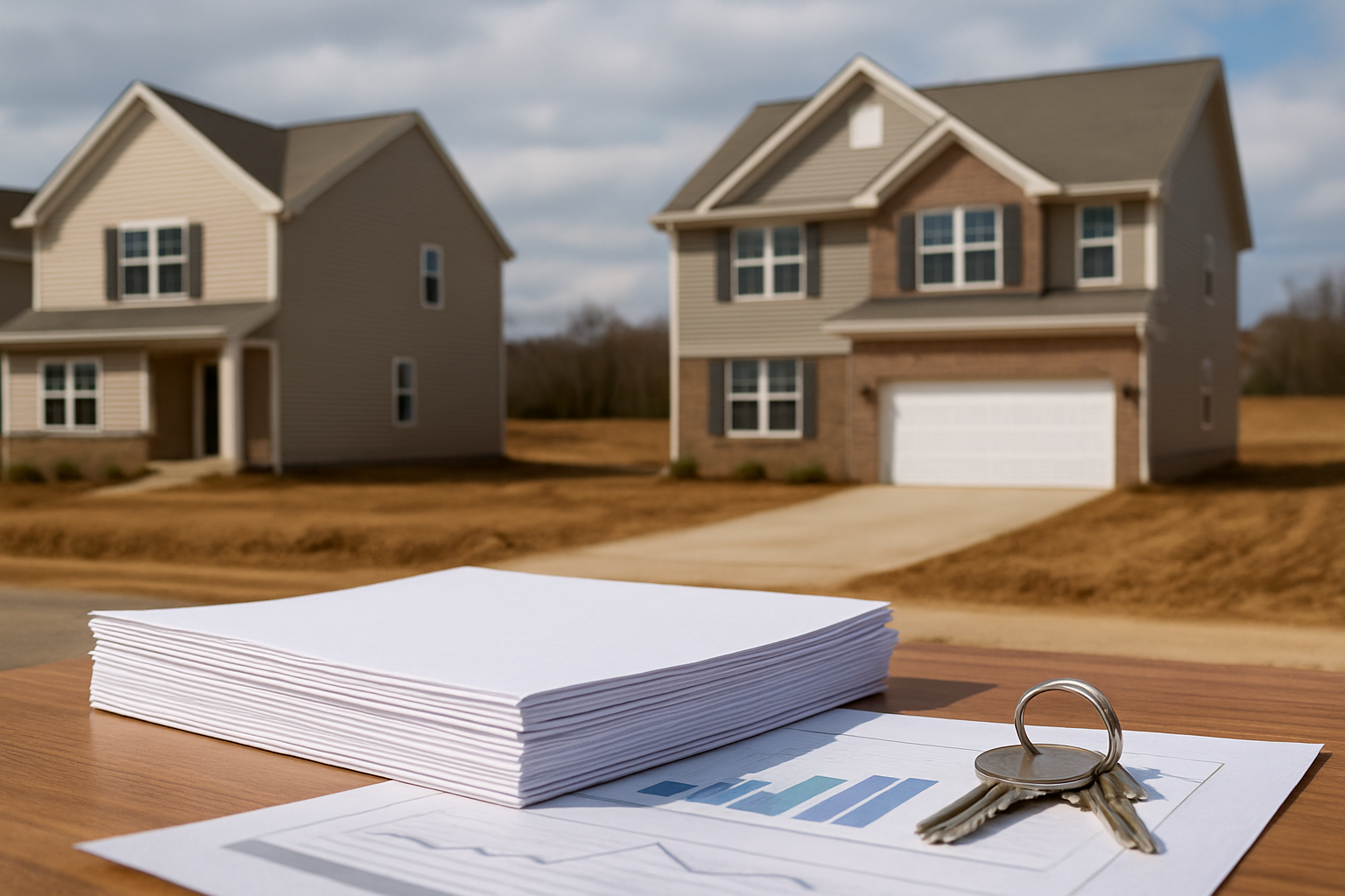 Documents et clés immobilières posés devant des maisons neuves, illustrant les perspectives prudentes du marché immobilier en 2026.