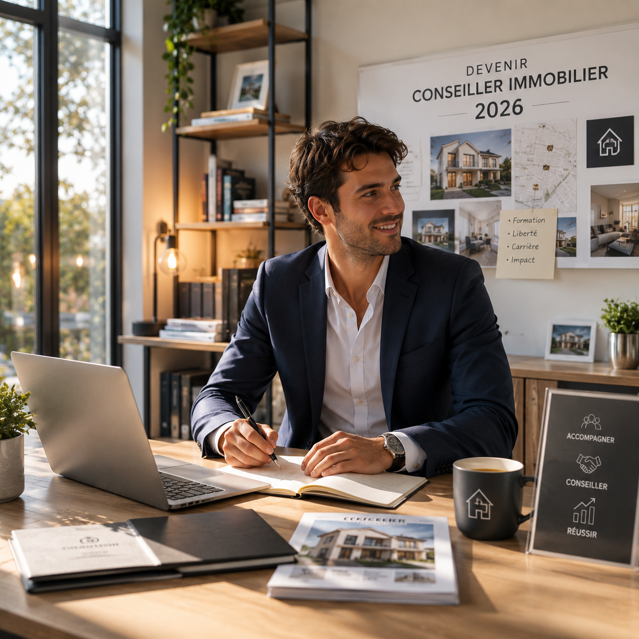 Professionnel travaillant dans un bureau moderne illustrant le métier de conseiller immobilier en 2026 et les nouvelles opportunités du secteur immobilier.
