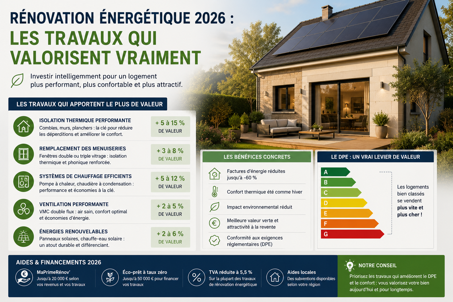Maison rénovée avec panneaux solaires et équipements modernes illustrant les travaux de rénovation énergétique qui augmentent la valeur immobilière en 2026.