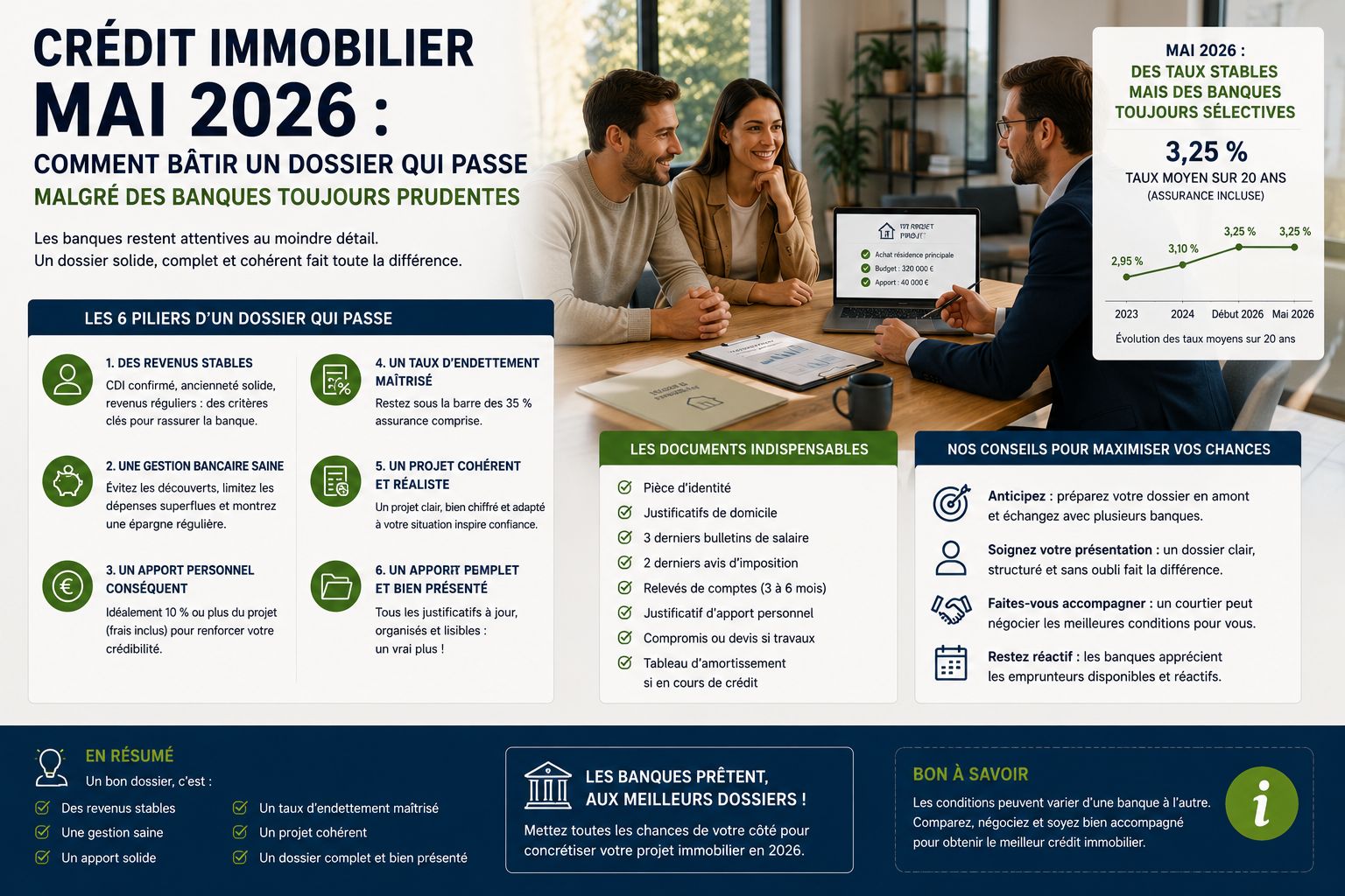 Couple en rendez-vous avec un conseiller bancaire pour préparer un dossier de crédit immobilier solide en mai 2026 malgré des conditions bancaires plus exigeantes.