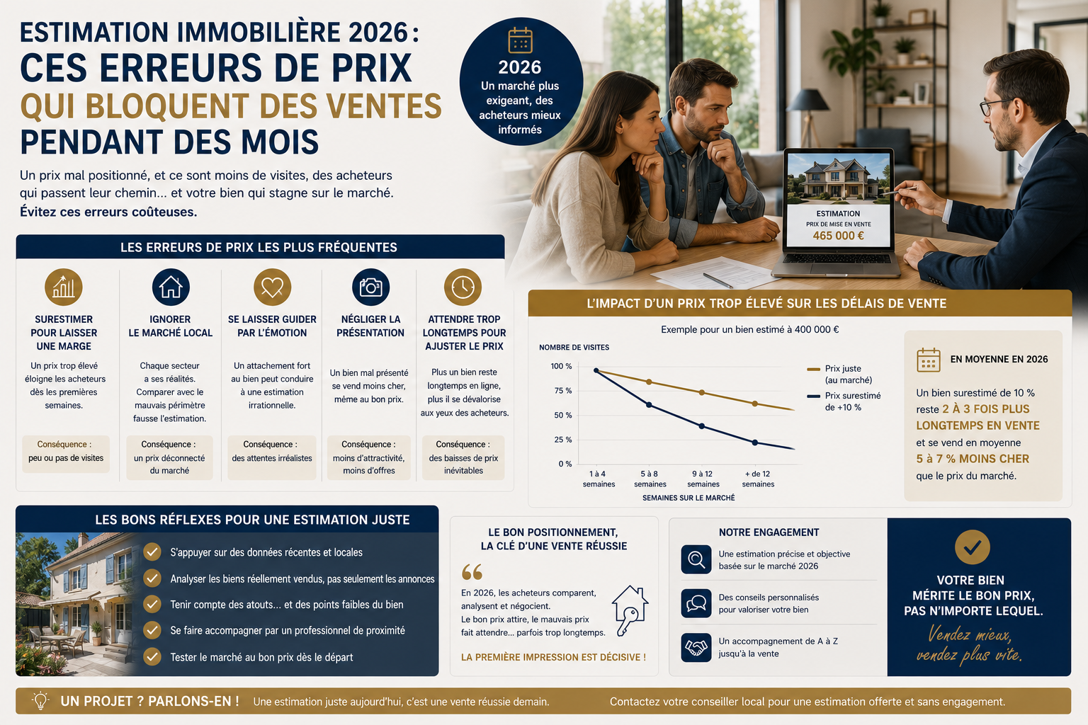 Conseiller immobilier expliquant à un couple les erreurs d’estimation immobilière pouvant ralentir une vente pendant plusieurs mois en 2026.