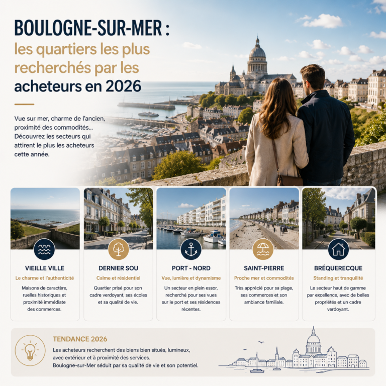 Vue panoramique de Boulogne-sur-Mer avec ses quartiers résidentiels, son littoral et ses secteurs les plus recherchés par les acheteurs immobiliers en 2026.