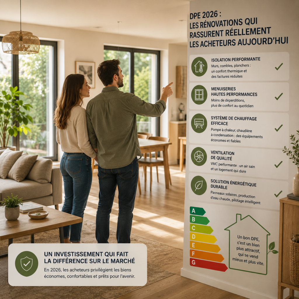 Maison rénovée énergétiquement avec intérieur lumineux et prestations modernes illustrant les améliorations qui rassurent les acheteurs immobiliers en 2026.