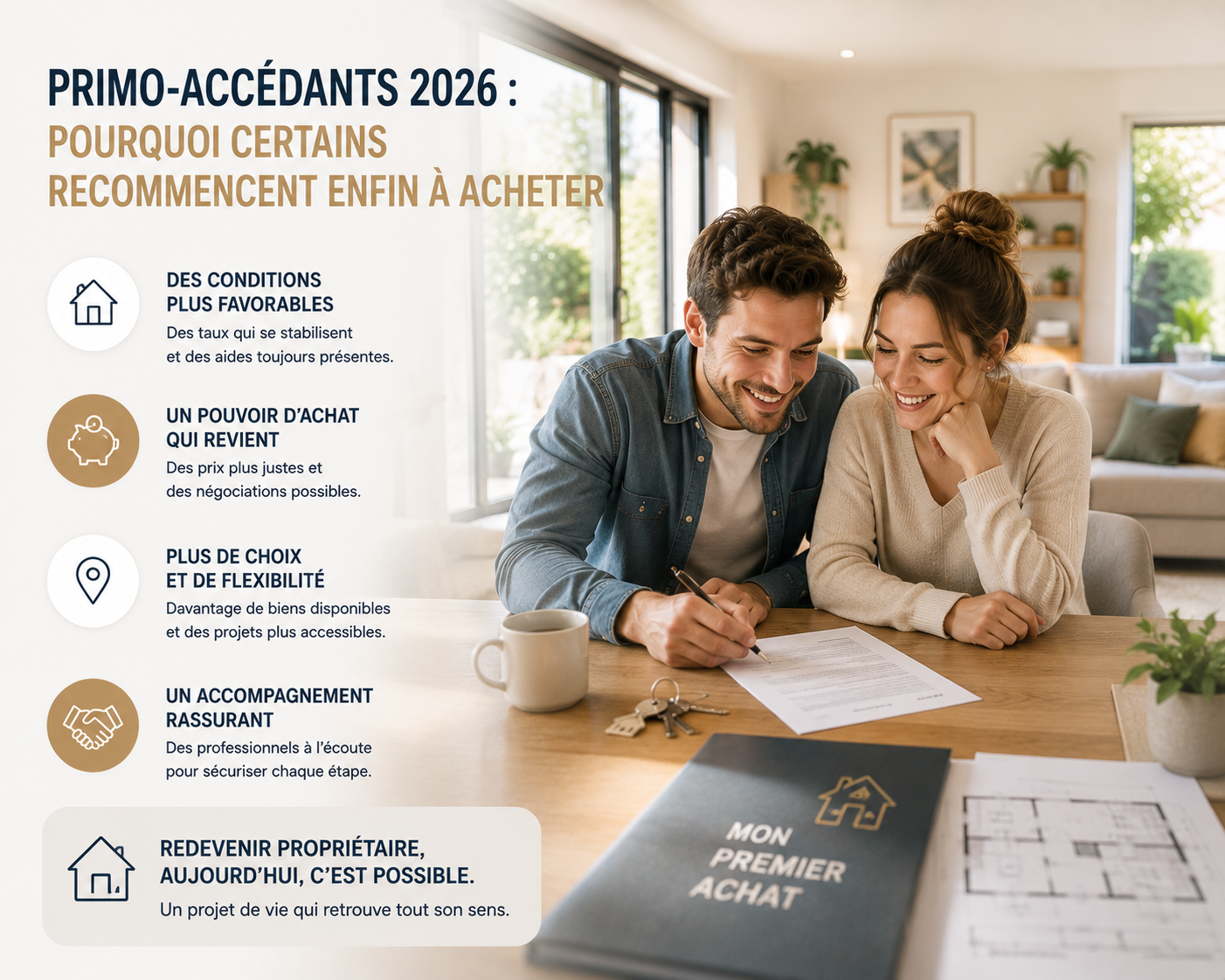 Jeune couple primo-accédant signant l’achat de sa première maison dans un environnement lumineux et rassurant, illustrant le retour des acheteurs sur le marché immobilier en 2026.