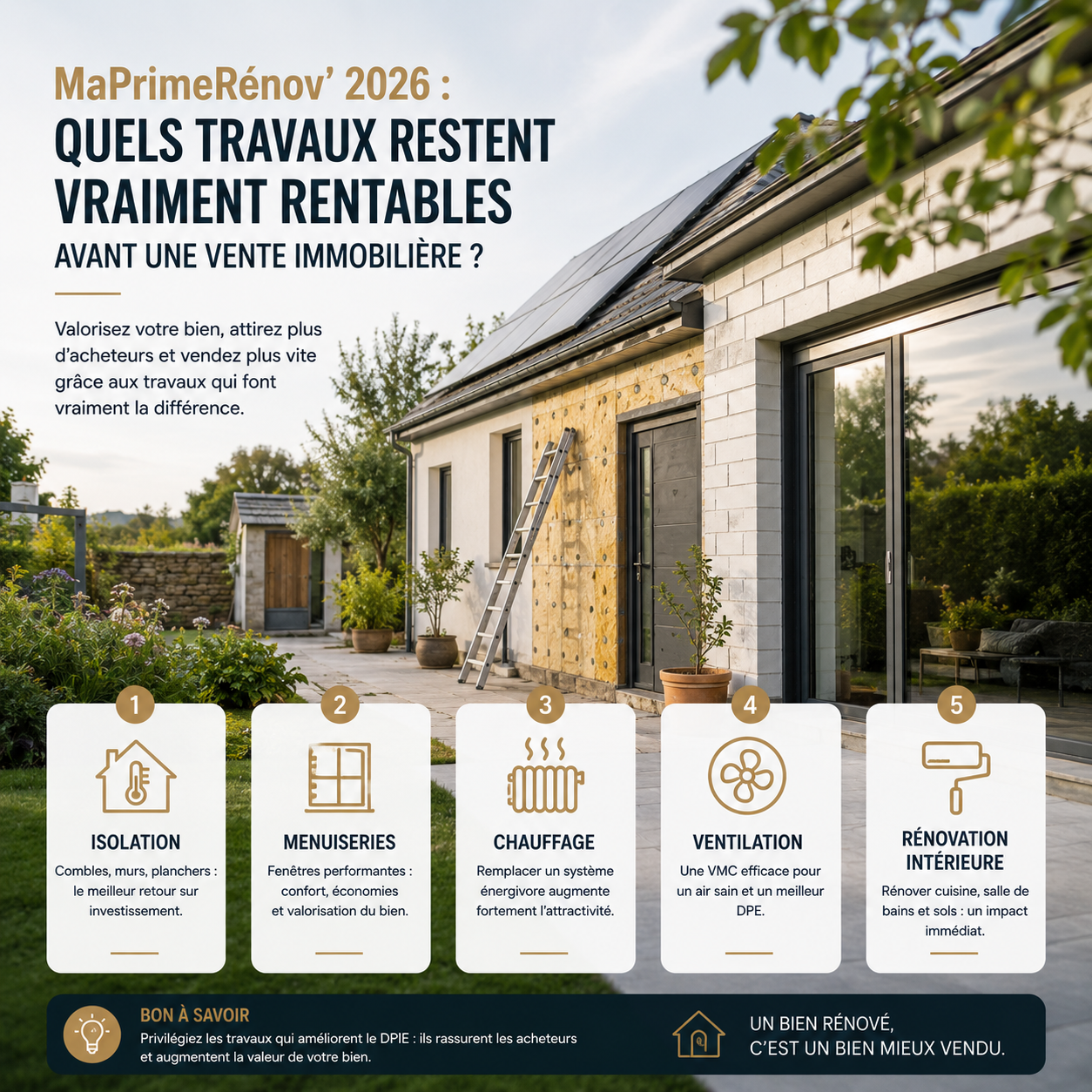 Maison en cours de rénovation énergétique avec isolation extérieure et équipements performants illustrant les travaux les plus rentables avant une vente immobilière en 2026.