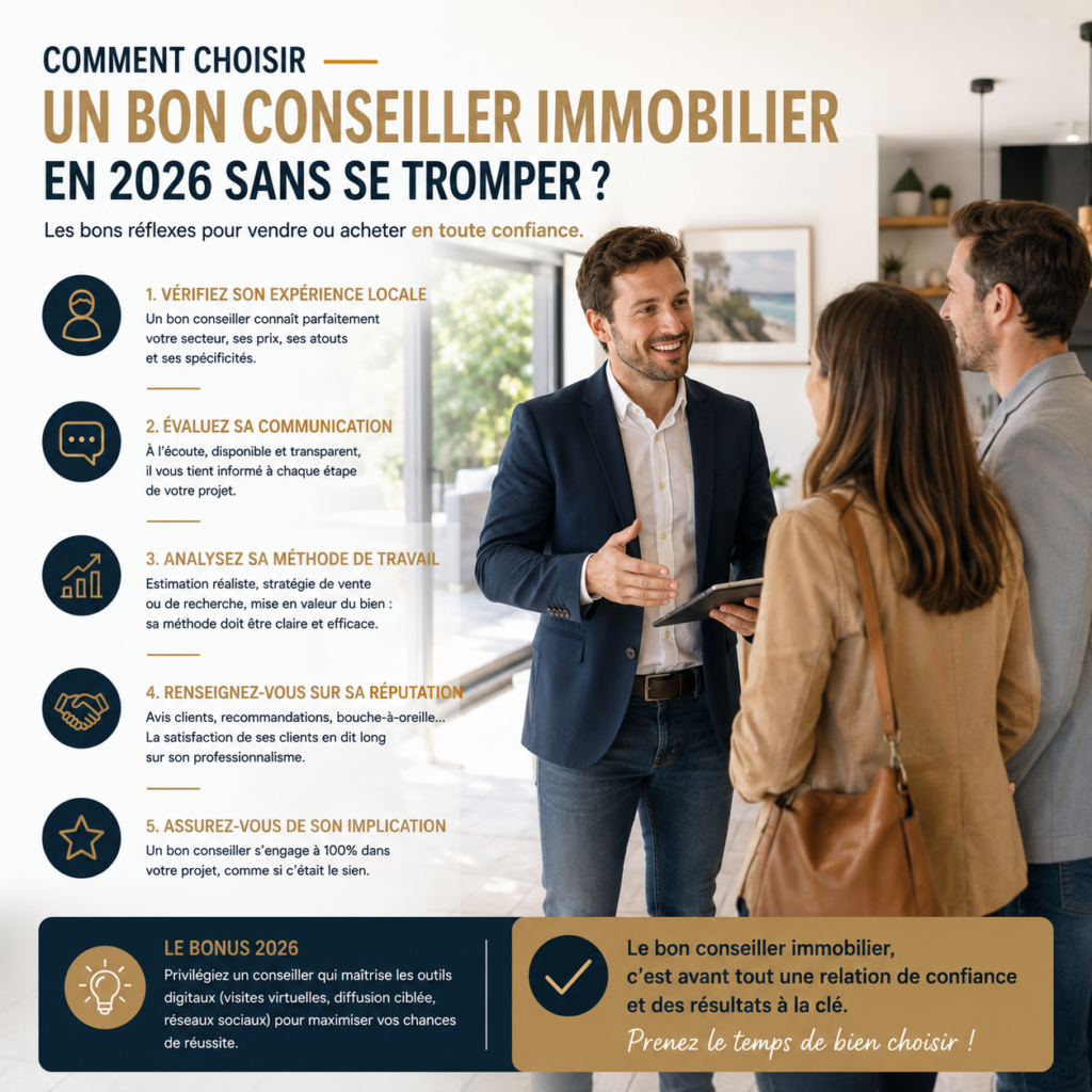Conseiller immobilier accueillant un couple lors d’une première rencontre, illustrant les critères pour choisir un professionnel de confiance en 2026.