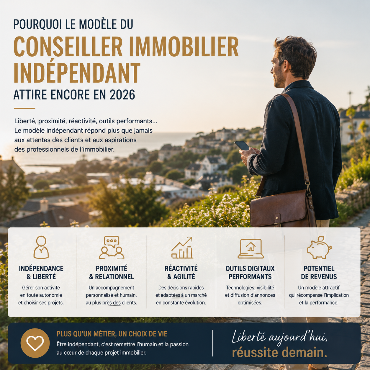 Conseiller immobilier indépendant sur le terrain observant son secteur d’activité, illustrant un métier fondé sur l’autonomie, la proximité et l’accompagnement en 2026.
