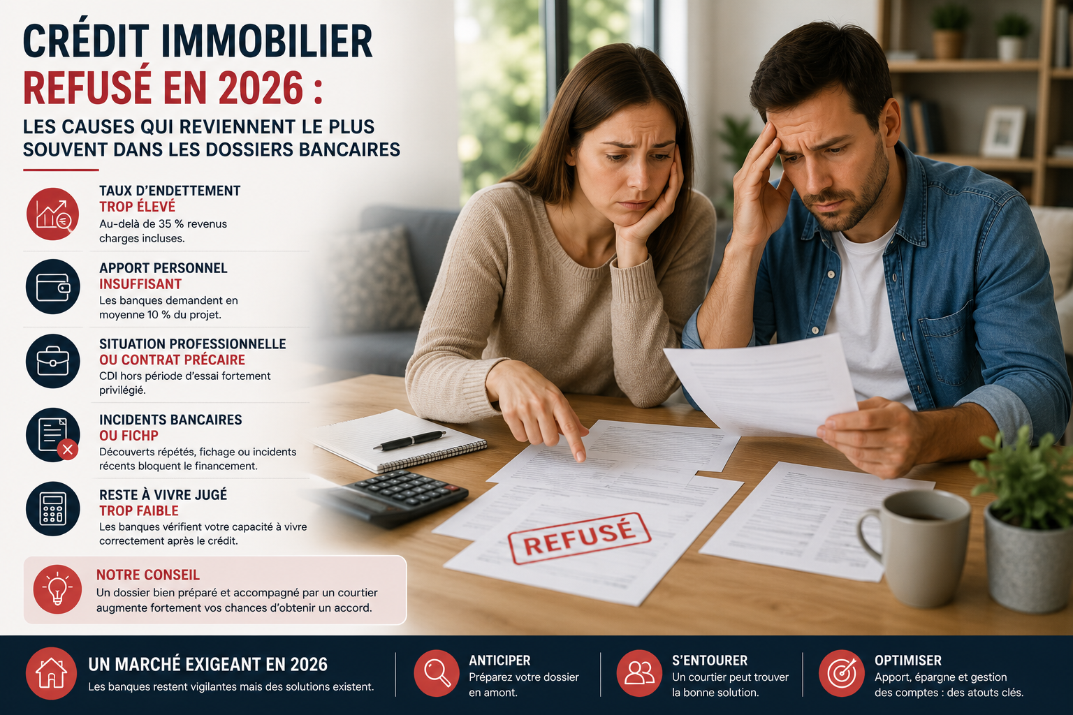 Couple analysant un refus de crédit immobilier avec des documents bancaires, illustrant les principales causes de refus de prêt immobilier en 2026.