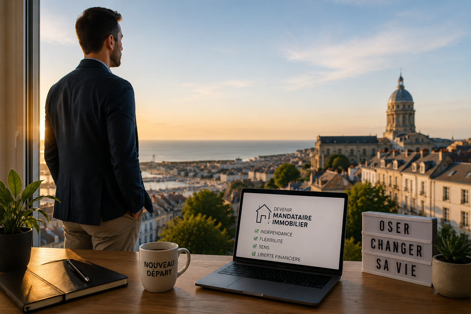 Cadre en pleine réflexion devant une vue sur la ville, symbolisant une reconversion professionnelle vers le métier de conseiller immobilier en 2026.