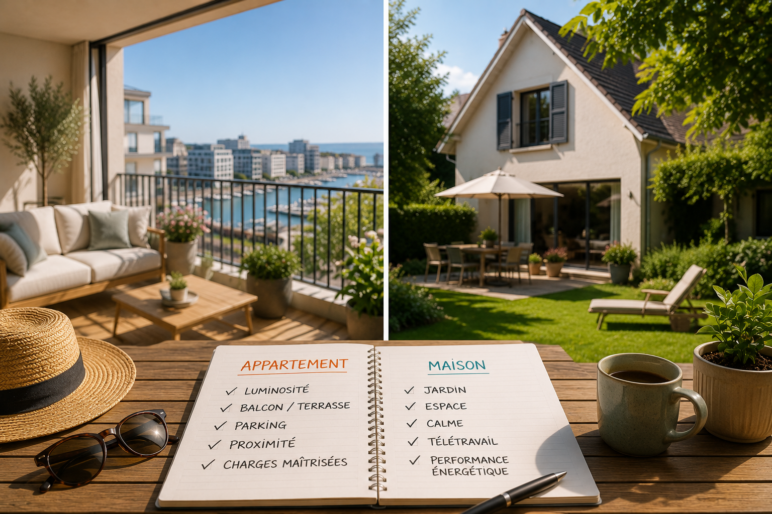 Couple comparant une maison et un appartement pendant l’été face à une vue sur le littoral, illustrant les critères de choix des acheteurs immobiliers en 2026.