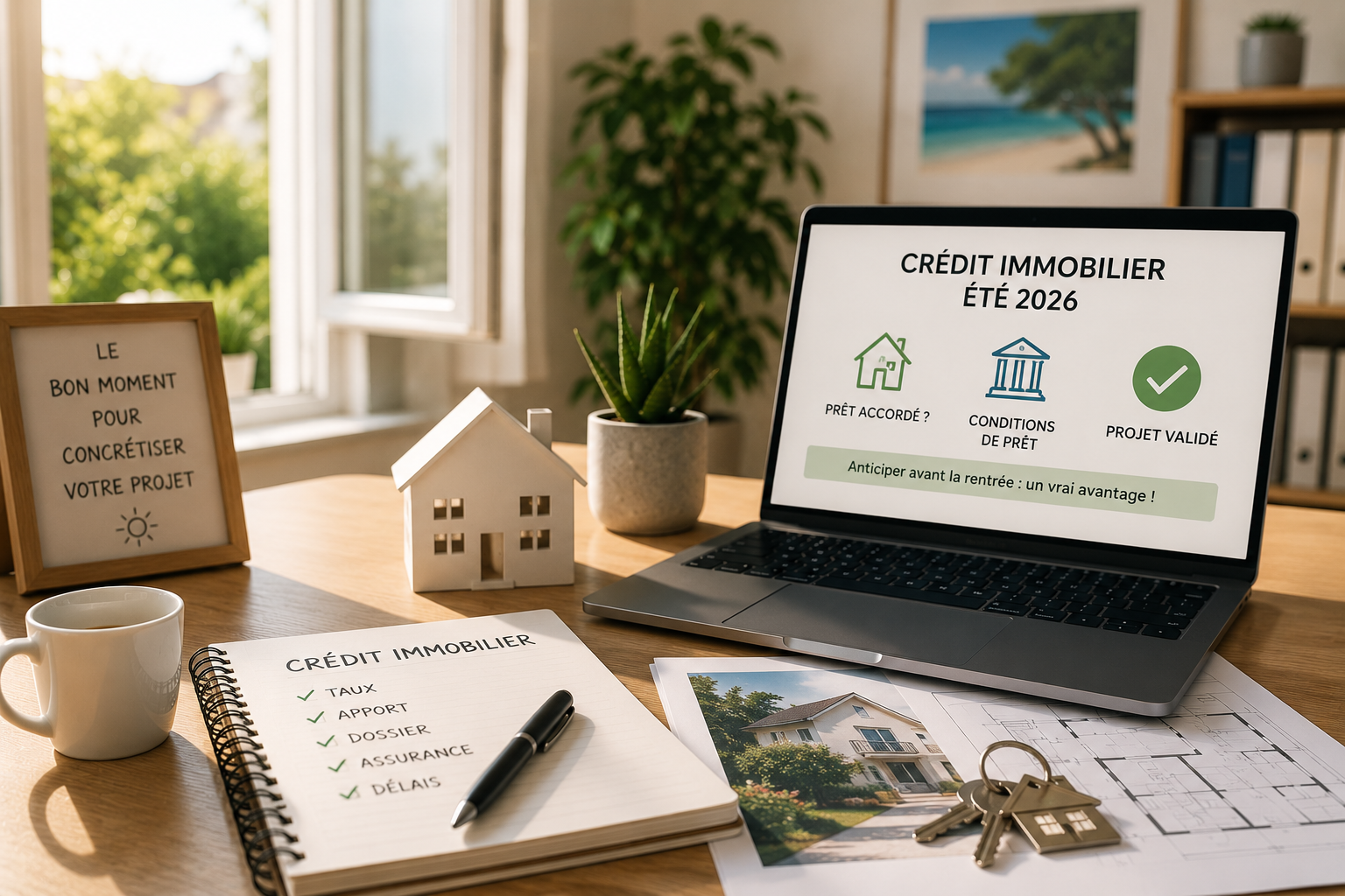 Bureau lumineux avec dossier de crédit immobilier, ordinateur portable et clés de maison, illustrant la préparation d’un financement immobilier durant l’été 2026.