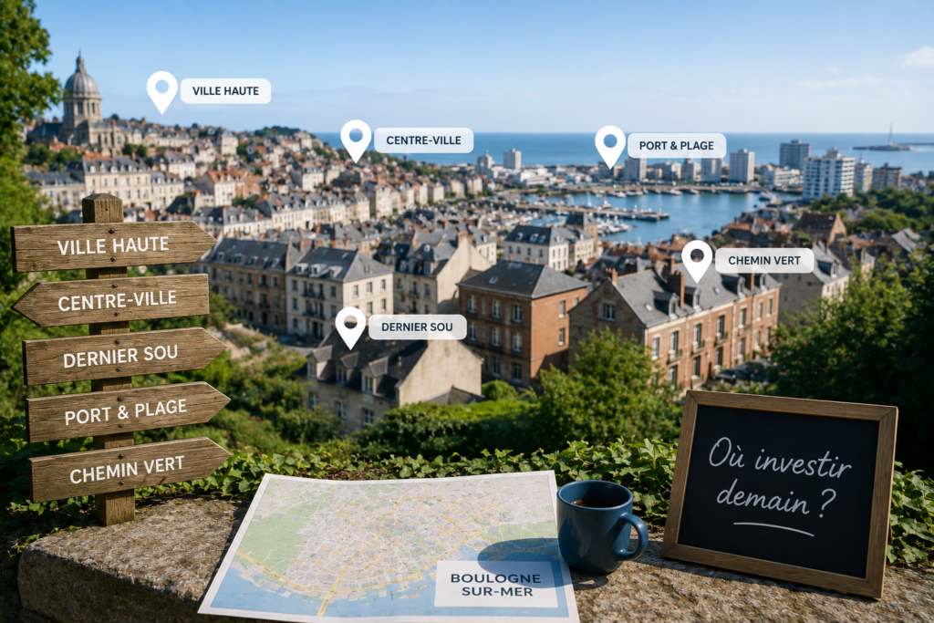 Vue panoramique de Boulogne-sur-Mer mettant en valeur ses différents quartiers résidentiels et son littoral, illustrant les secteurs les plus recherchés par les acquéreurs en 2026.