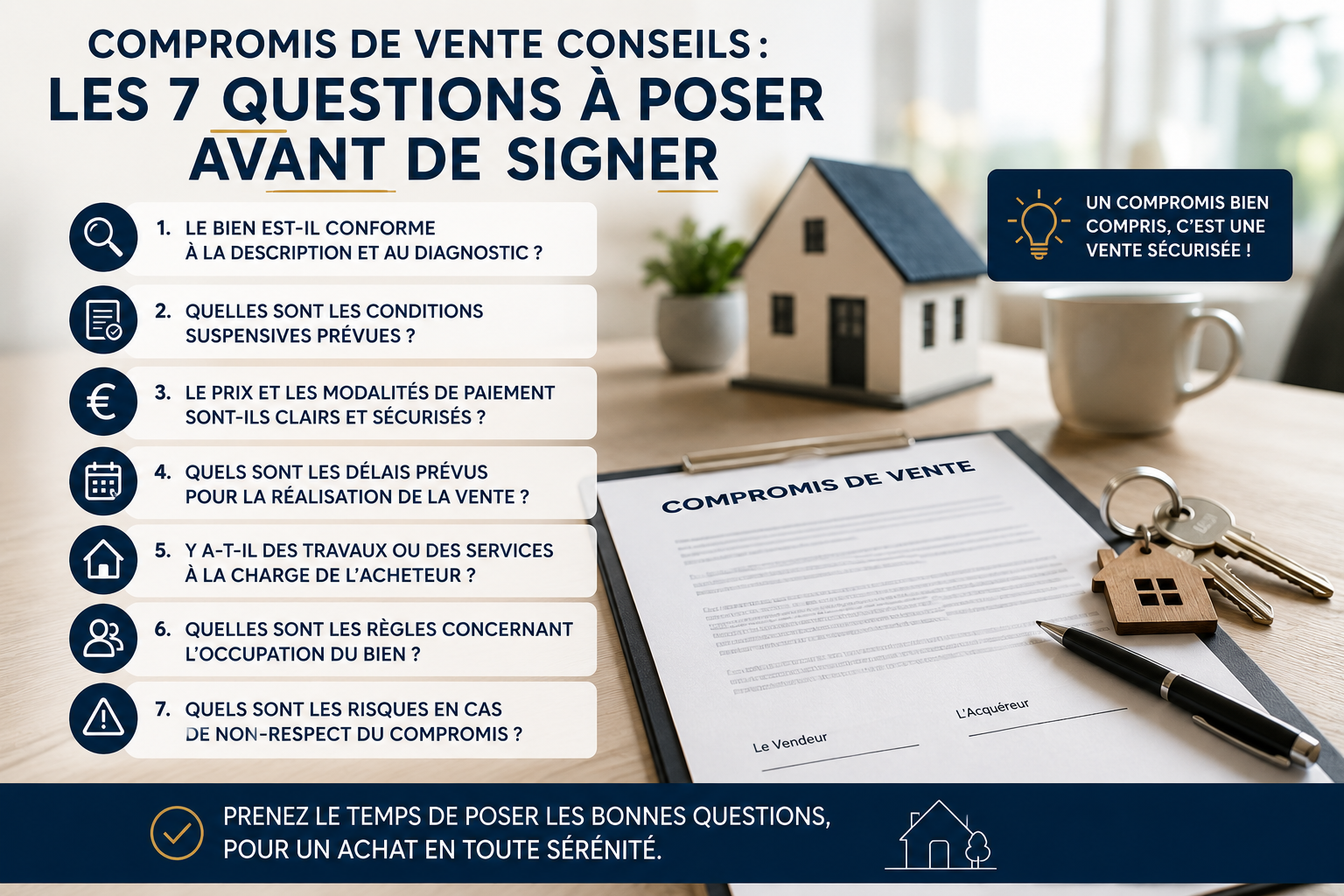 Compromis de vente immobilier prêt à être signé avec des clés et un dossier, illustrant les vérifications essentielles avant la signature d’un achat immobilier.