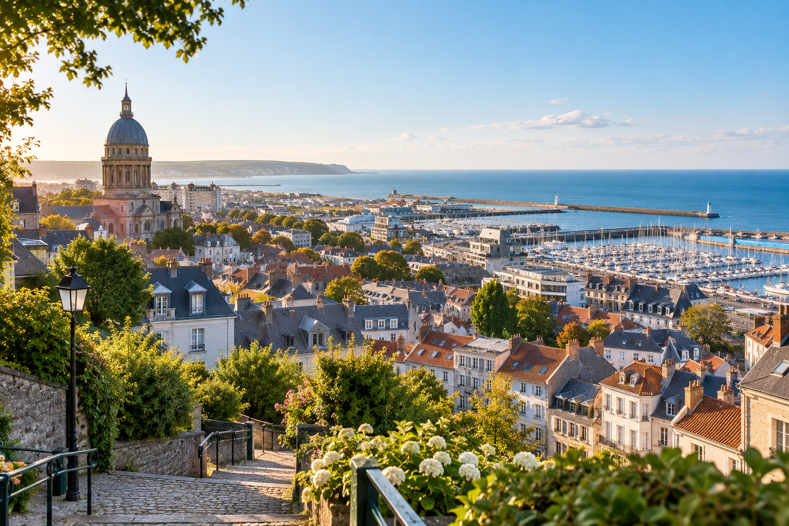 Vue panoramique de Boulogne-sur-Mer entre quartiers résidentiels, centre-ville, port et littoral, illustrant l’attractivité immobilière de la ville à la rentrée 2026.